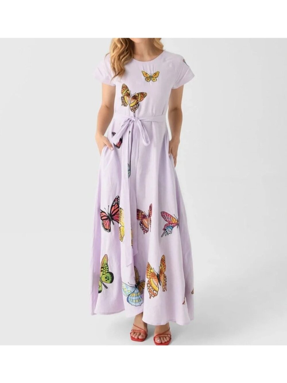 Fanm Mon Papiyon Butterfly Embroidered Linen Dress Garden Whimsical Womens S